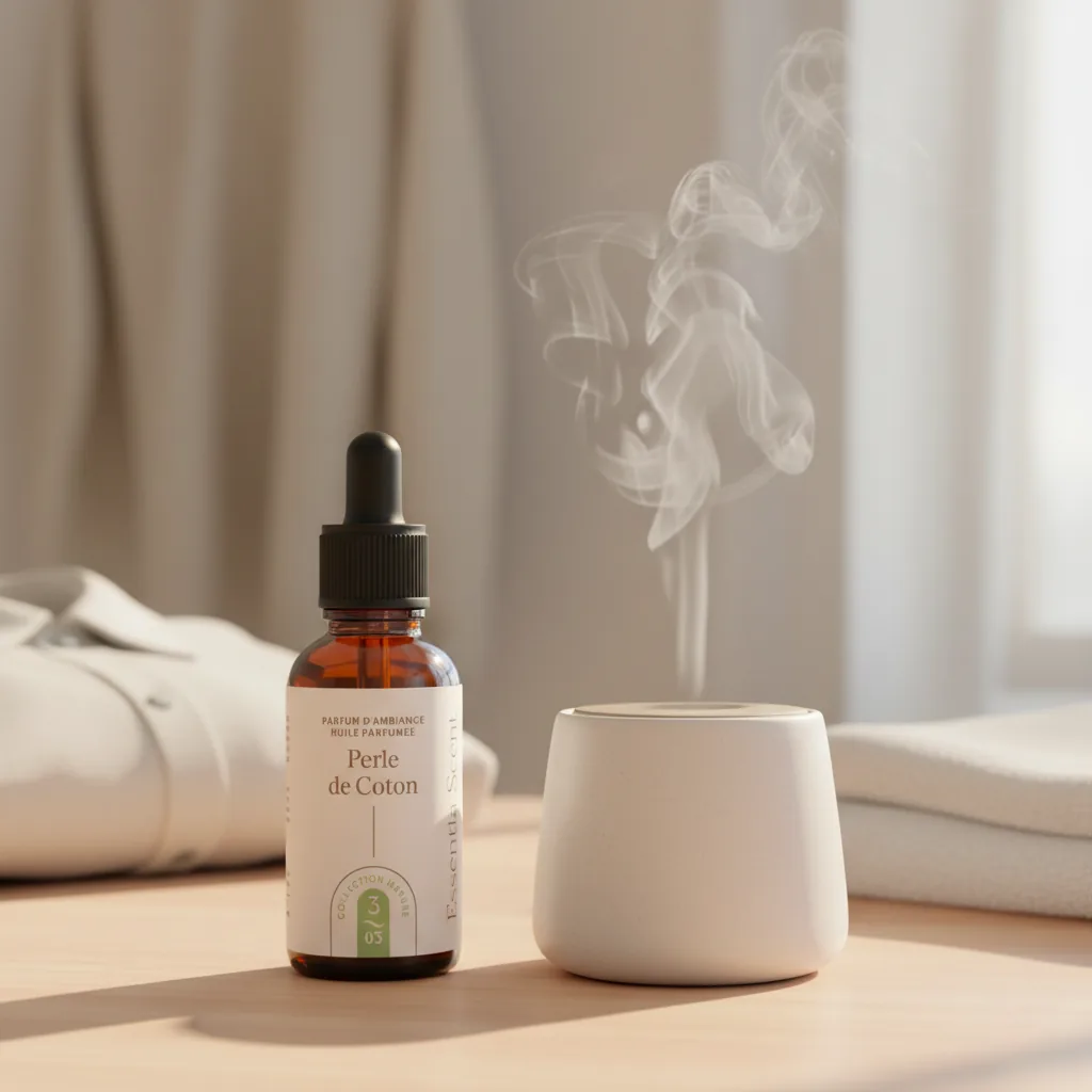 Perle de Coton sur brûle-parfum avec linge plié · Notes Thé Blanc Violette Lilas Essentia Scent