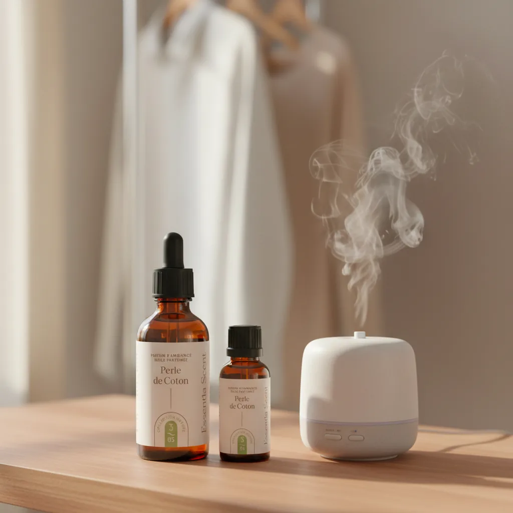 Perle de Coton en diffusion ultrasonique près de linge propre · Parfum d'ambiance florale cotonneuse Essentia Scent