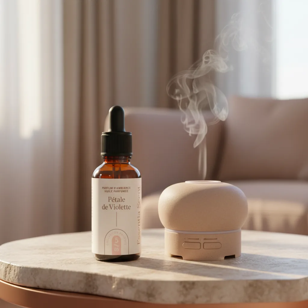 Pétale de Violette en diffusion ultrasonique dans salon rosé · Parfum d'ambiance poudrée Essentia Scent