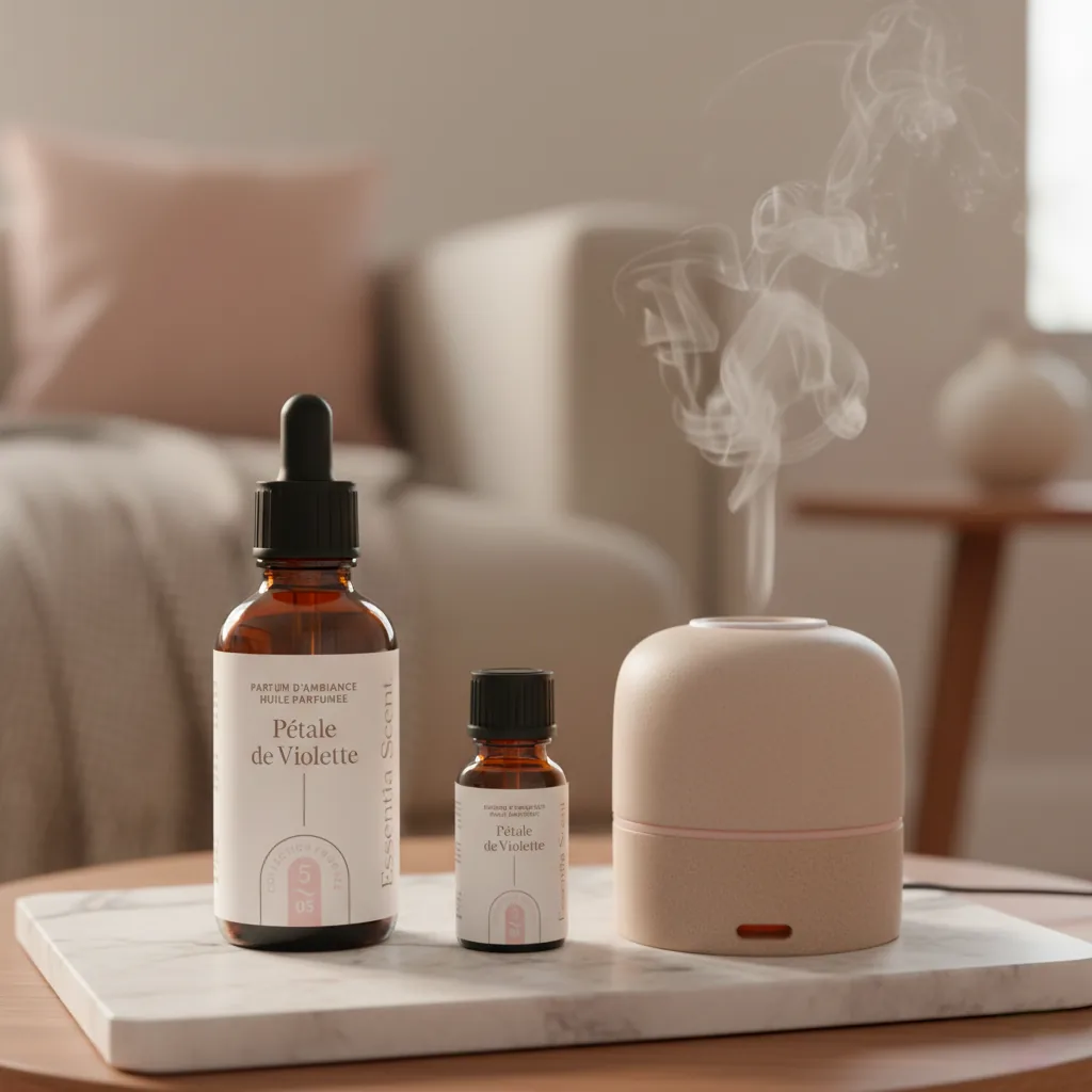 Pétale de Violette en diffusion ultrasonique dans salon clair · Notes Figue Violette Talc Essentia Scent