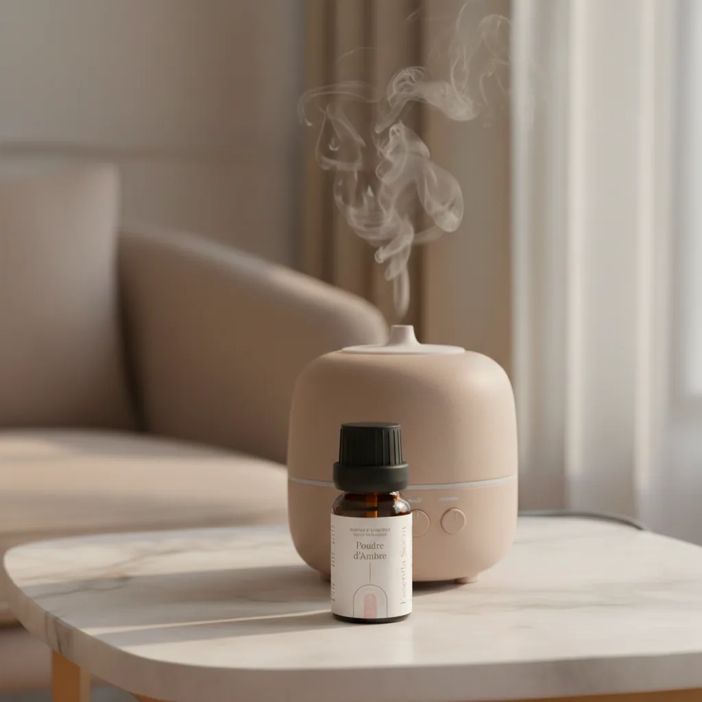 Poudre d'Ambre en diffusion ultrasonique sur table marbre · Parfum d'ambiance ambrée Essentia Scent