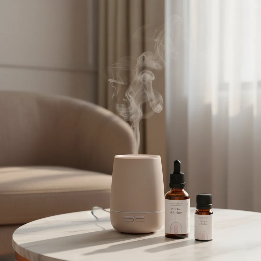 Poudre d'Ambre en diffusion ultrasonique dans salon clair · Notes Orange Ambre Rhum Essentia Scent