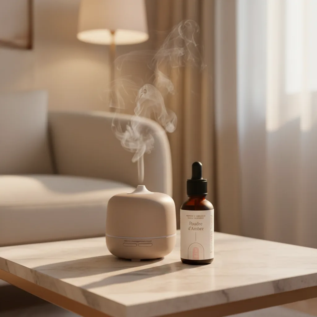 Poudre d'Ambre en diffusion ultrasonique avec lampe feutrée · Parfum d'ambiance ambrée Essentia Scent