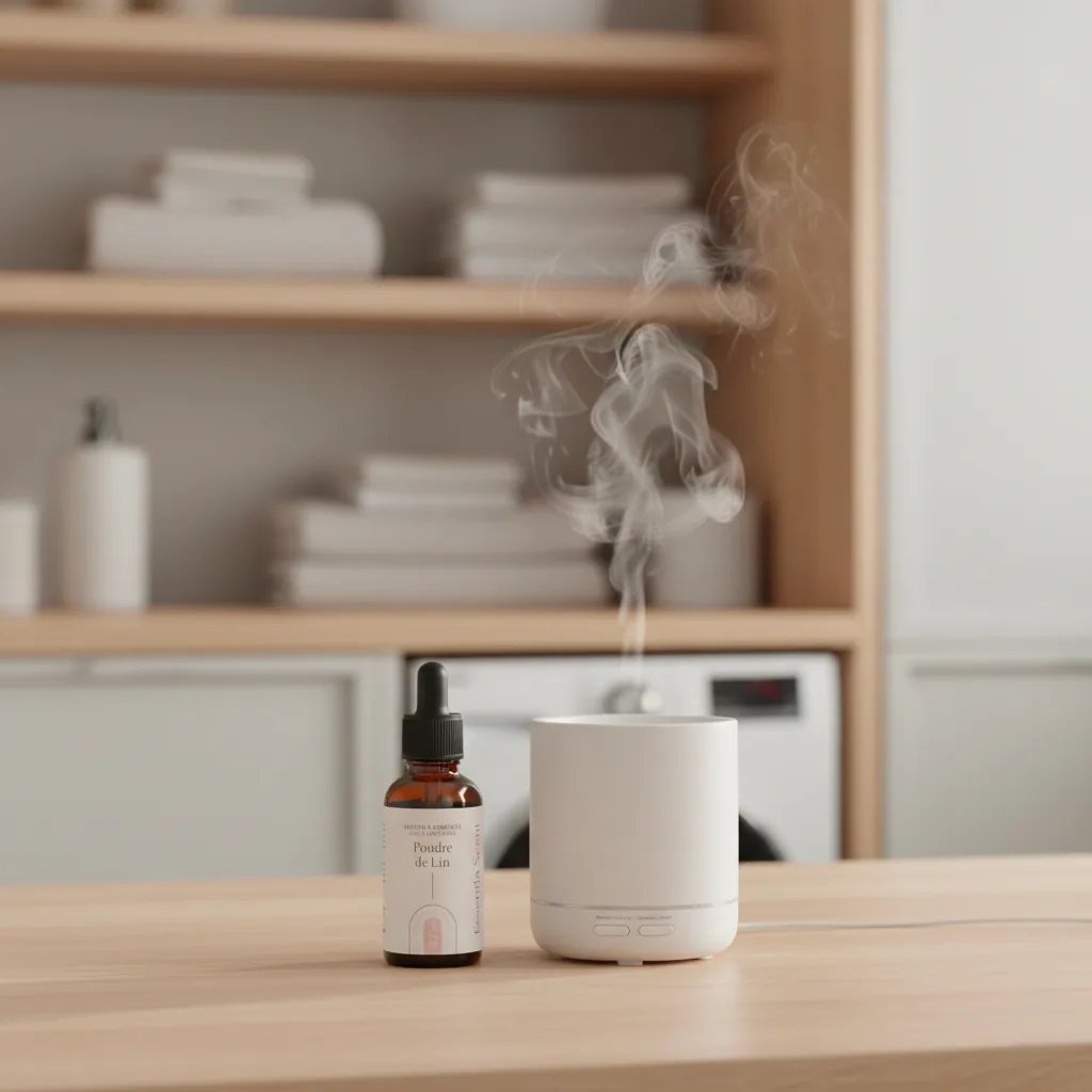 Poudre de Lin en diffusion ultrasonique avec linge plié · Parfum d'ambiance poudrée linge frais Essentia Scent