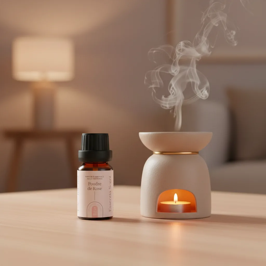 Poudre de Rose sur brûle-parfum dans chambre feutrée · Parfum d'ambiance poudrée florale Essentia Scent