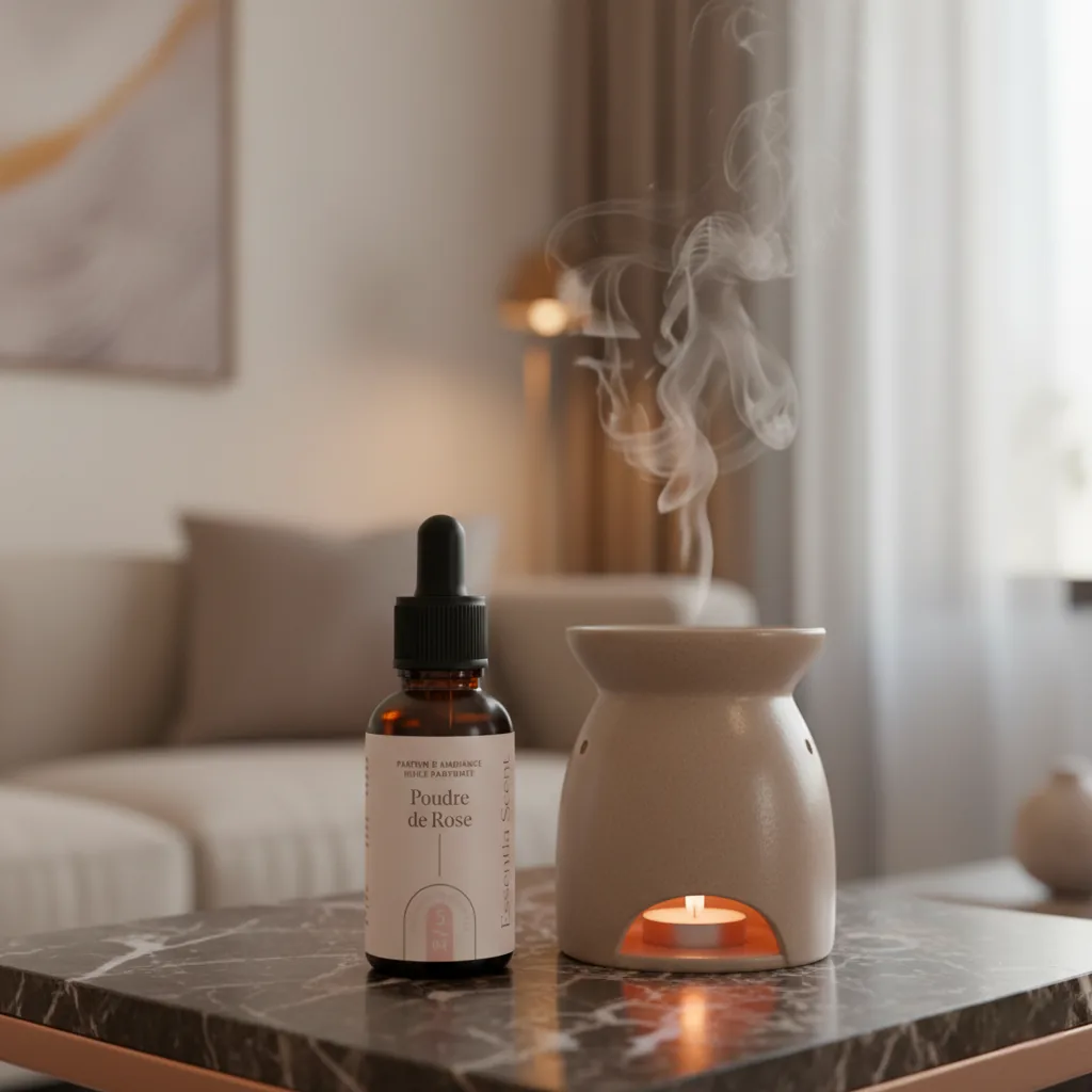 Poudre de Rose sur brûle-parfum dans salon clair lumineux · Parfum d'ambiance poudrée florale Essentia Scent