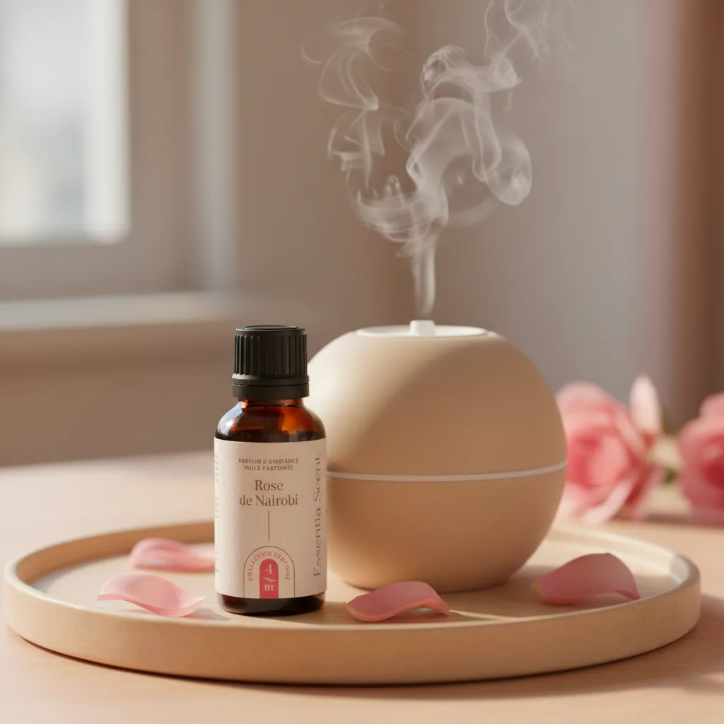Rose de Nairobi en diffusion ultrasonique avec pétales de rose · Parfum d'ambiance florale exotique Essentia Scent