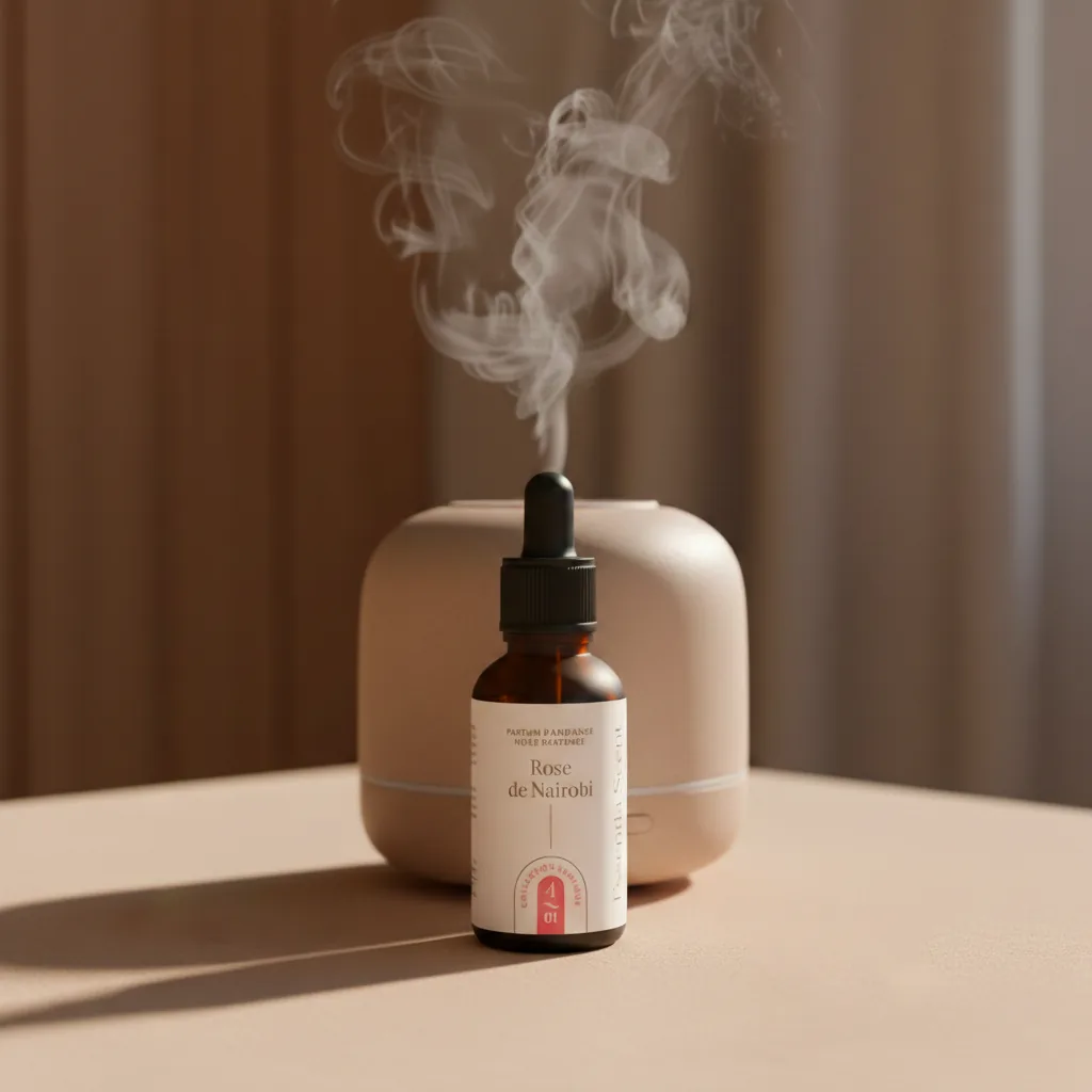 Rose de Nairobi en diffusion ultrasonique, ambiance rosée feutrée · Notes Violette Rose Jasmin Essentia Scent