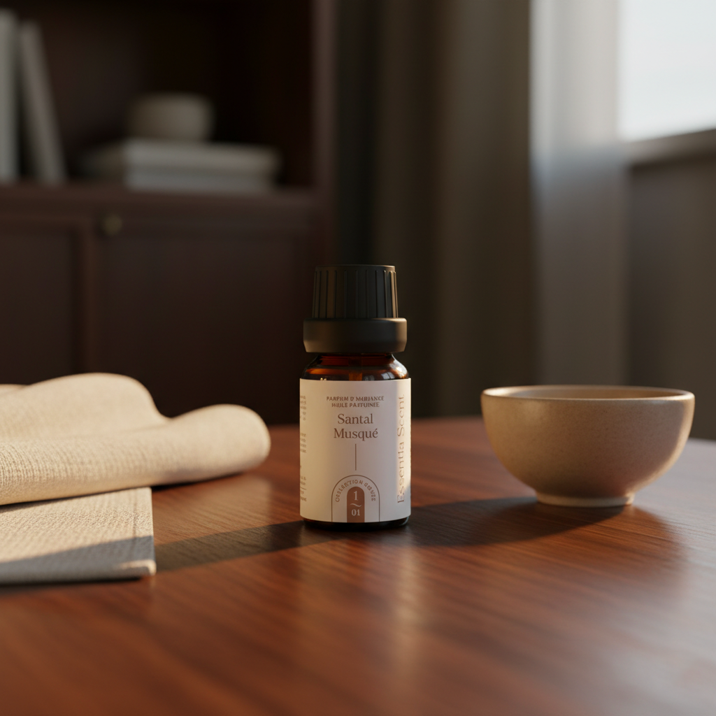 Flacon 10 ml Santal Musqué, format compact d'huile parfumée d'ambiance boisée à doser · Essentia Scent