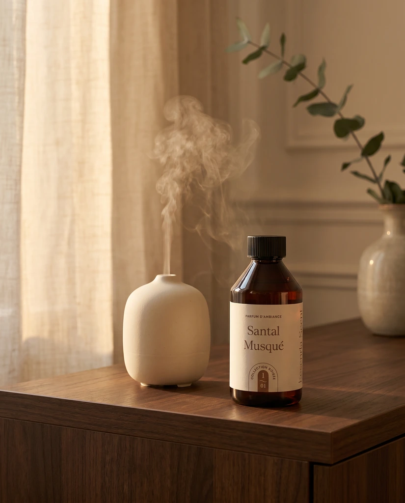 Flacon 250 ml Santal Musqué et diffuseur à nébulisation en salon lumineux · Recharge parfum d'ambiance Essentia Scent