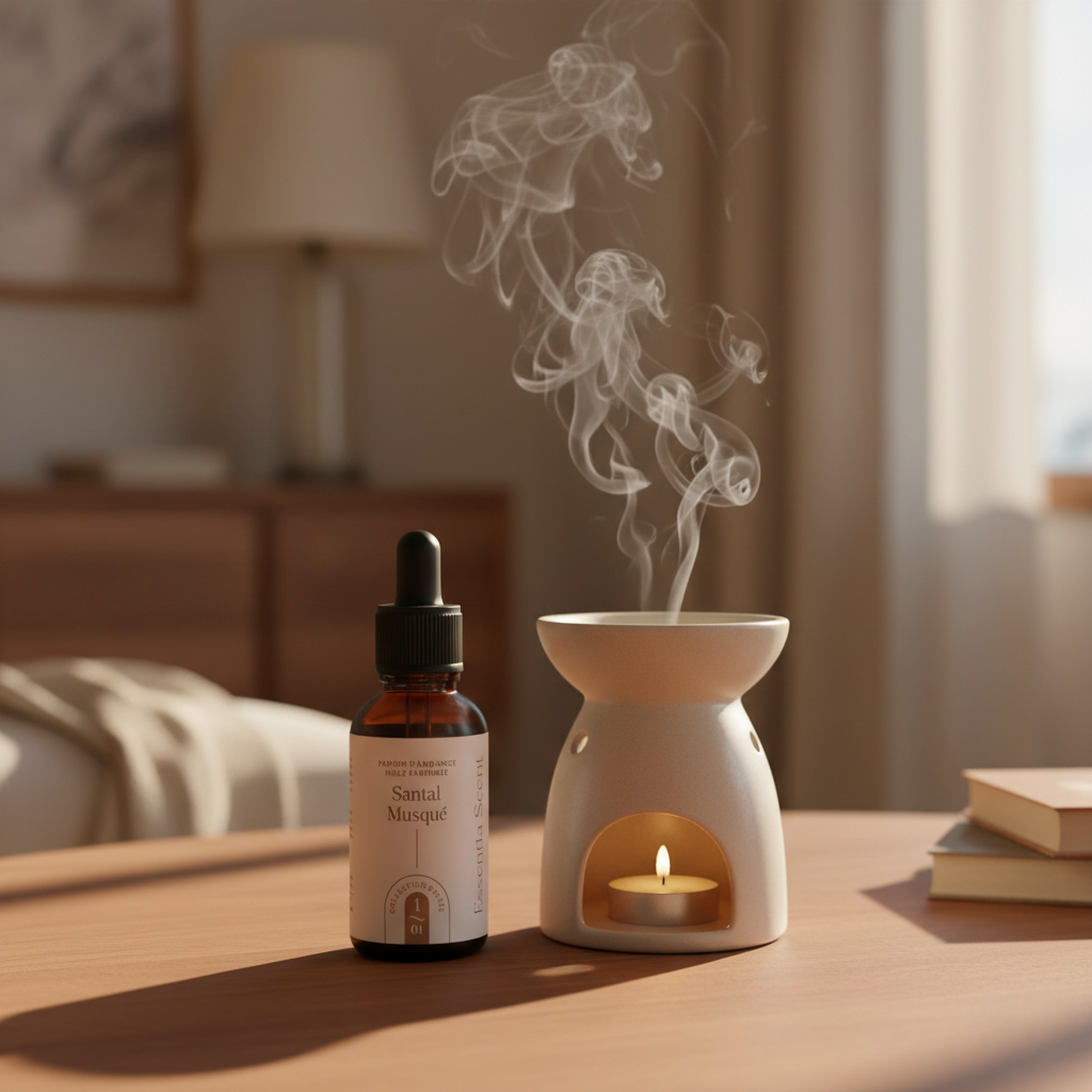 Flacon 30 ml Santal Musqué avec pipette + brûle-parfum allumé en chambre · Note Santal Essentia Scent