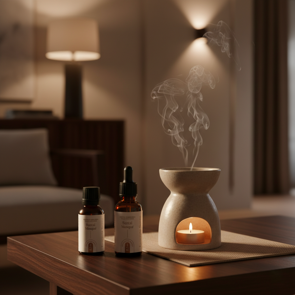Santal Musqué diffusé sur brûle-parfum en céramique, ambiance salon feutrée Essentia Scent · Note Santal