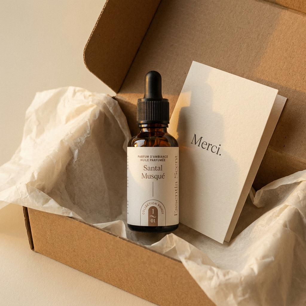 Contenu du colis Pack Échantillons huiles parfumées Essentia Scent : flacon huile parfumée, packaging éco-responsable, carte de remerciement