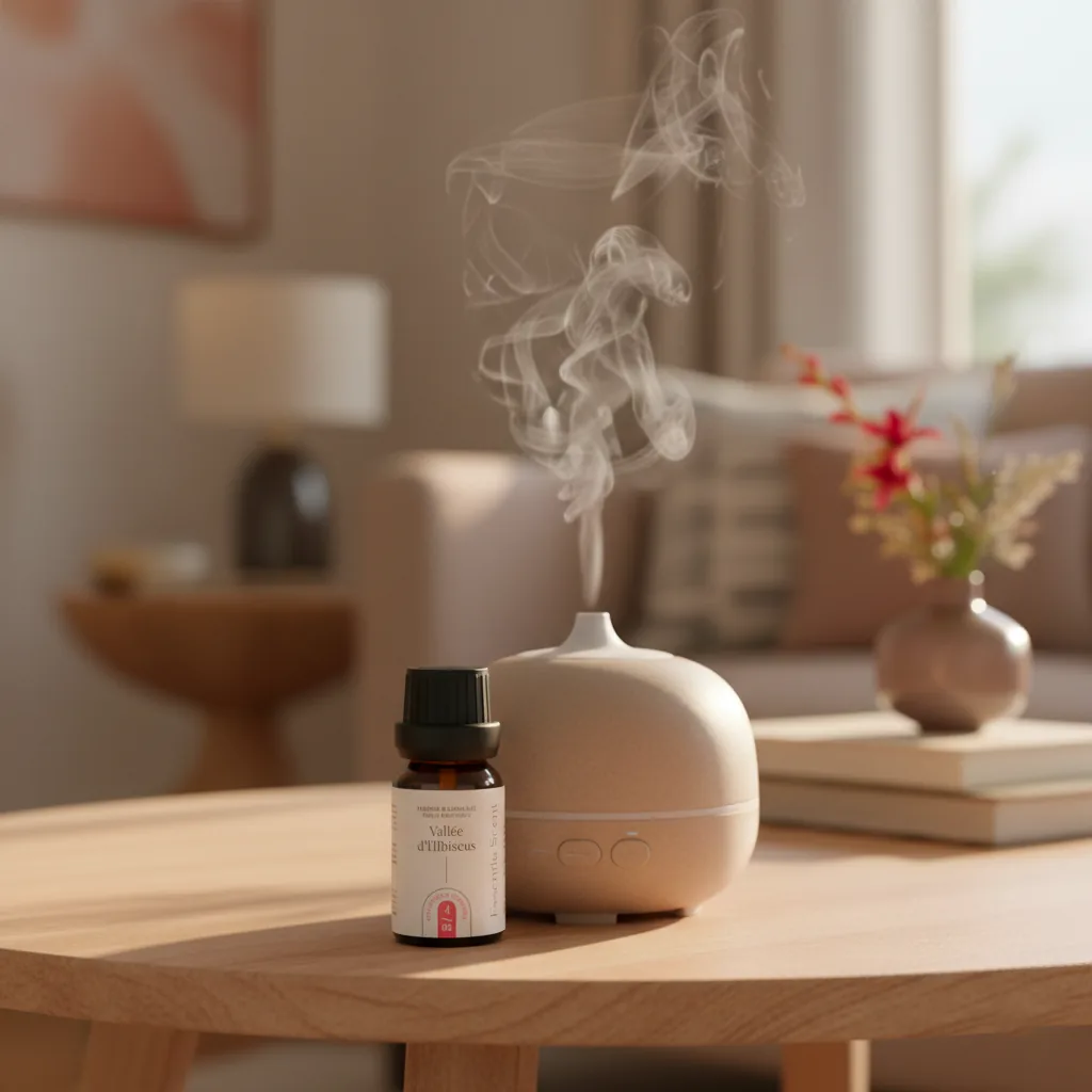 Vallée d'Hibiscus en diffusion ultrasonique avec vase de pétales rouges · Parfum d'ambiance florale Essentia Scent