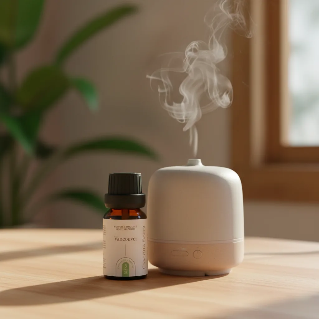 Vancouver en diffusion ultrasonique avec plante verte, ambiance épurée · Parfum d'ambiance boisée Essentia Scent