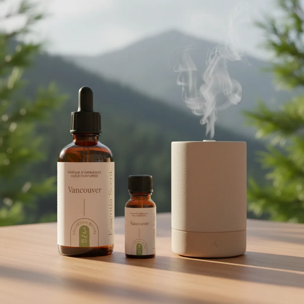 Vancouver en diffusion ultrasonique devant vue montagne et sapins · Notes Citron Pin Cardamome Essentia Scent