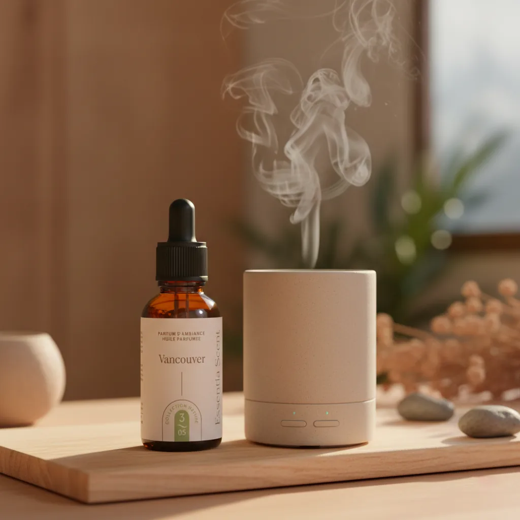 Vancouver en diffusion ultrasonique avec galets et bois flotté · Parfum d'ambiance boisée fraîche Essentia Scent
