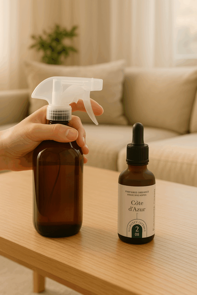 Spray d’ambiance DIY vaporisé sur un canapé gris