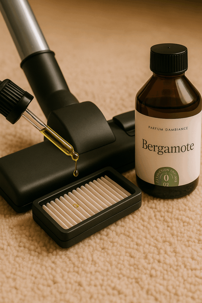 Aspirateur Huile parfumée pour aspirateur : 3 gouttes sur le filtre. Parfum d’intérieur instantané à chaque passage.