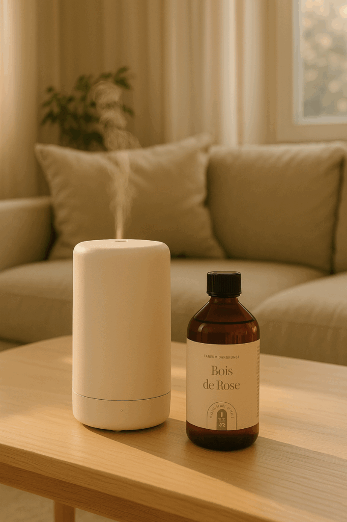Diffuseur électrique d’huile parfumée blanc dans un salon cosy